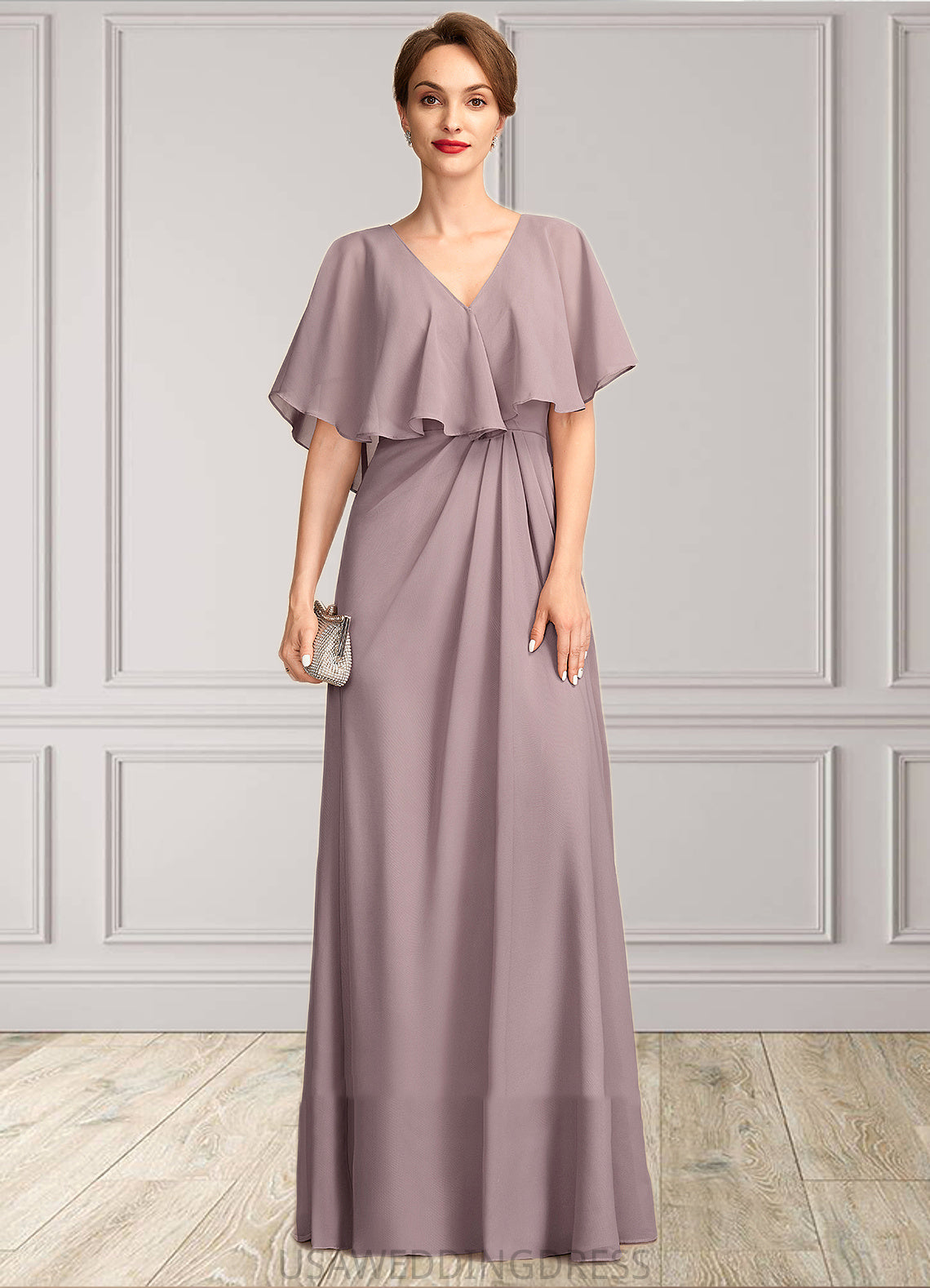 Ida A-Line V-neck Floor-Length Chiffon Mother of the Bride Dress With Ruffle DS126P0015026
