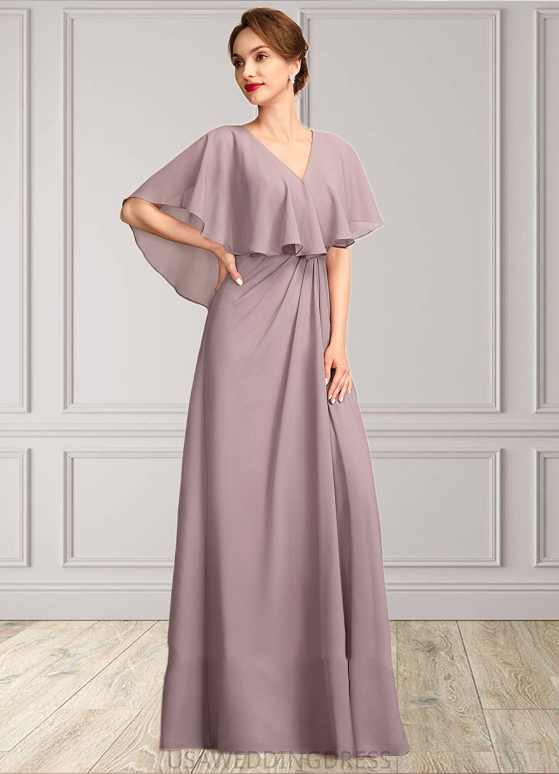 Ida A-Line V-neck Floor-Length Chiffon Mother of the Bride Dress With Ruffle DS126P0015026