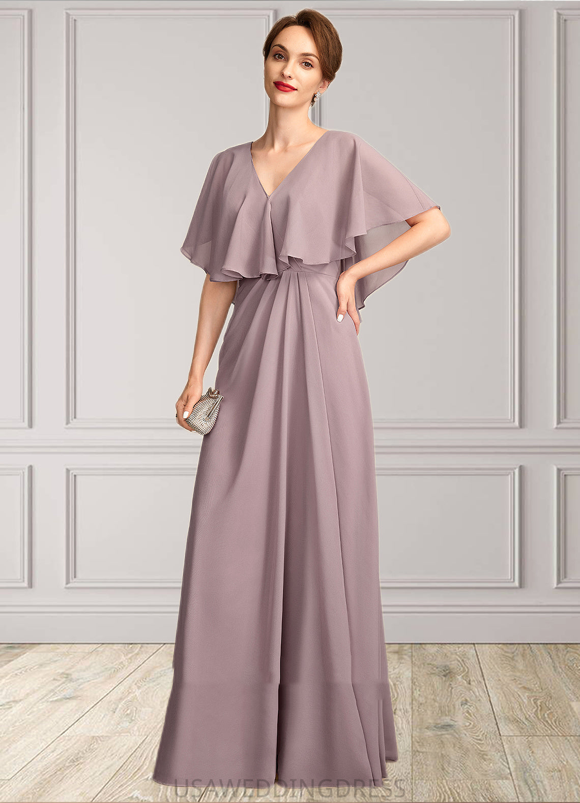 Ida A-Line V-neck Floor-Length Chiffon Mother of the Bride Dress With Ruffle DS126P0015026