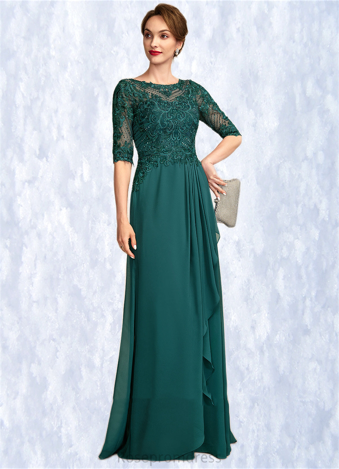 Brianna A-Line Scoop Neck Floor-Length Chiffon Lace Mother of the Bride Dress With Beading Sequins Cascading Ruffles SRS126P0015027