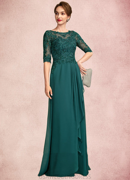 Natalya A-Line Scoop Neck Floor-Length Chiffon Lace Mother of the Bride Dress With Beading Sequins Cascading Ruffles DS126P0015027