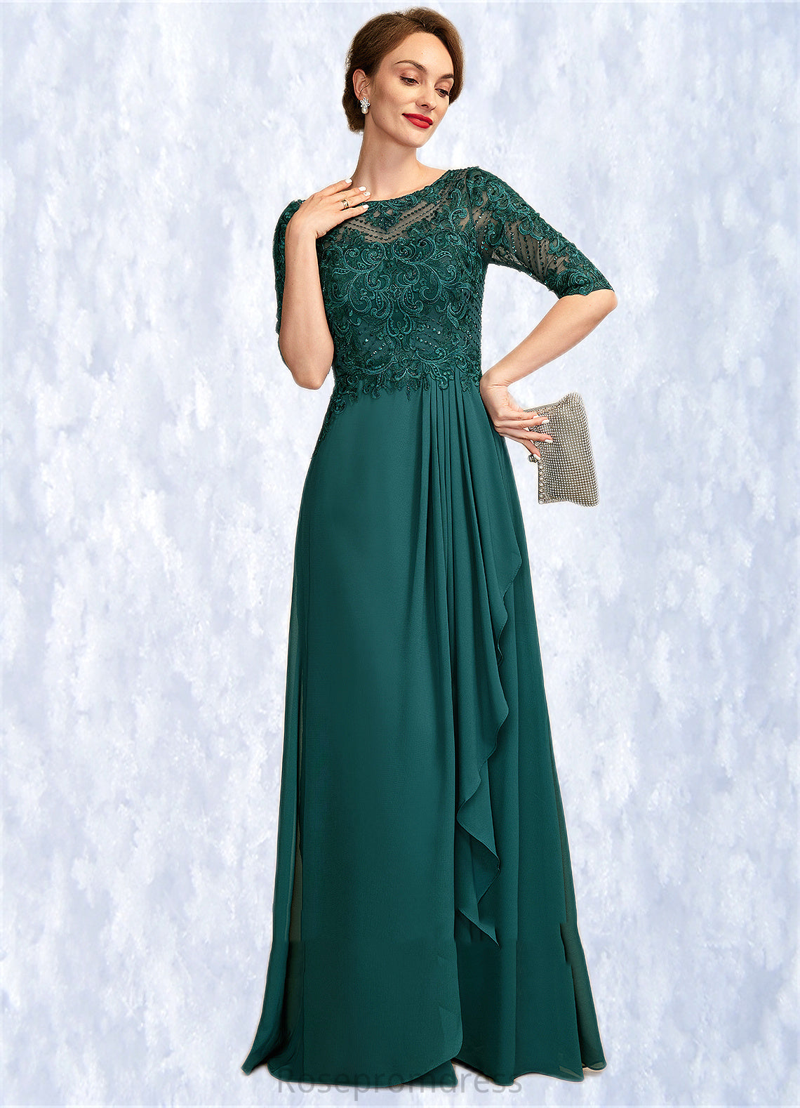 Brianna A-Line Scoop Neck Floor-Length Chiffon Lace Mother of the Bride Dress With Beading Sequins Cascading Ruffles SRS126P0015027