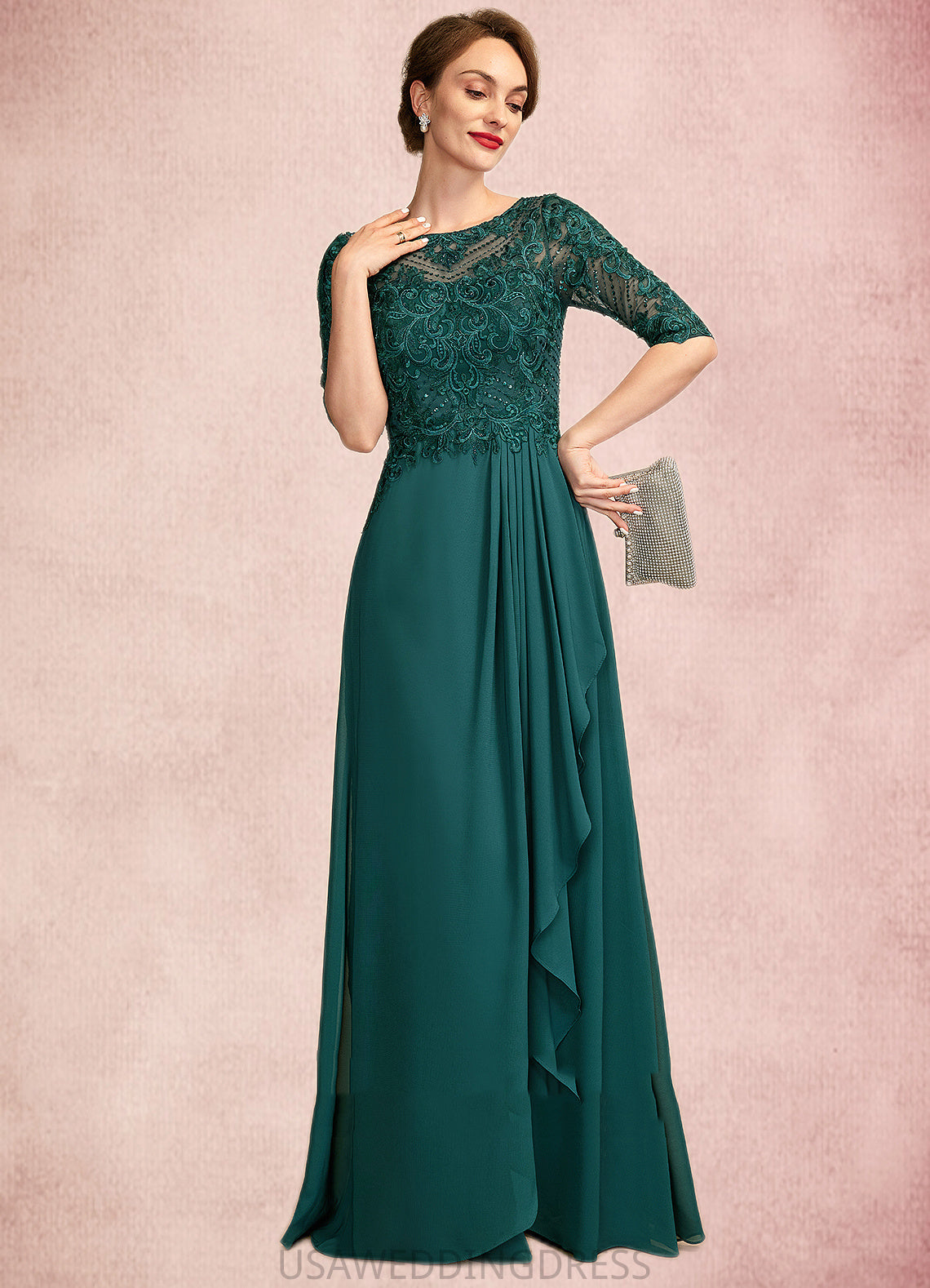 Natalya A-Line Scoop Neck Floor-Length Chiffon Lace Mother of the Bride Dress With Beading Sequins Cascading Ruffles DS126P0015027