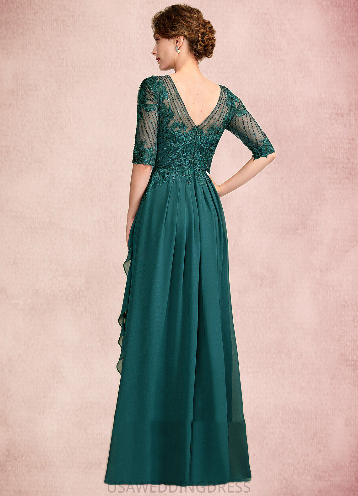 Natalya A-Line Scoop Neck Floor-Length Chiffon Lace Mother of the Bride Dress With Beading Sequins Cascading Ruffles DS126P0015027