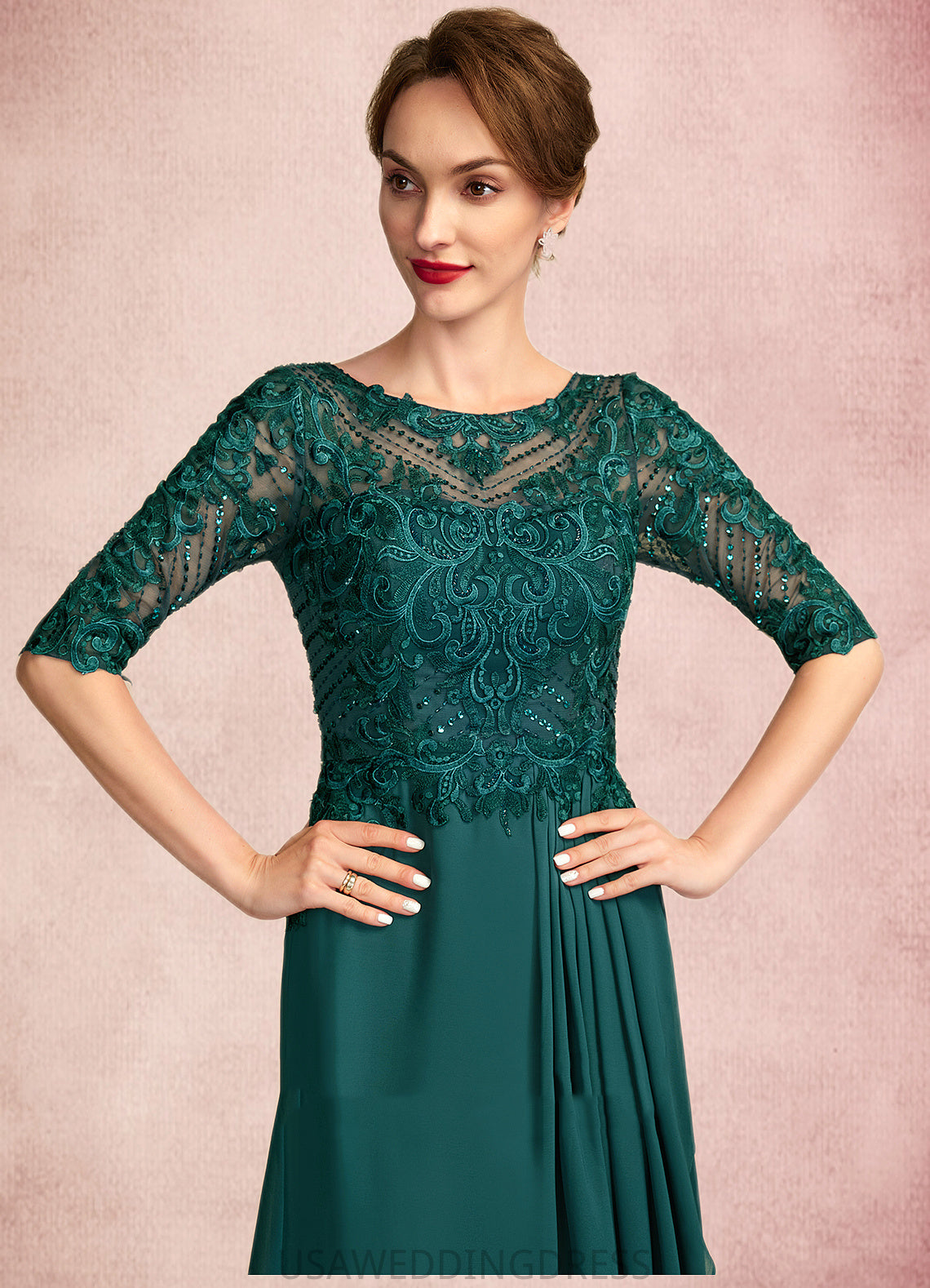 Natalya A-Line Scoop Neck Floor-Length Chiffon Lace Mother of the Bride Dress With Beading Sequins Cascading Ruffles DS126P0015027