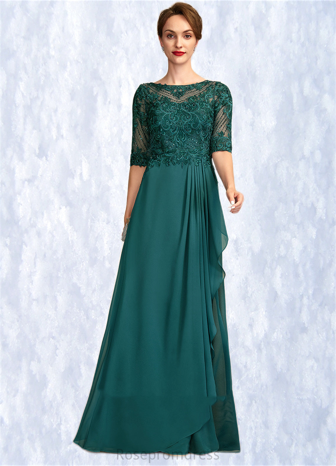 Brianna A-Line Scoop Neck Floor-Length Chiffon Lace Mother of the Bride Dress With Beading Sequins Cascading Ruffles SRS126P0015027