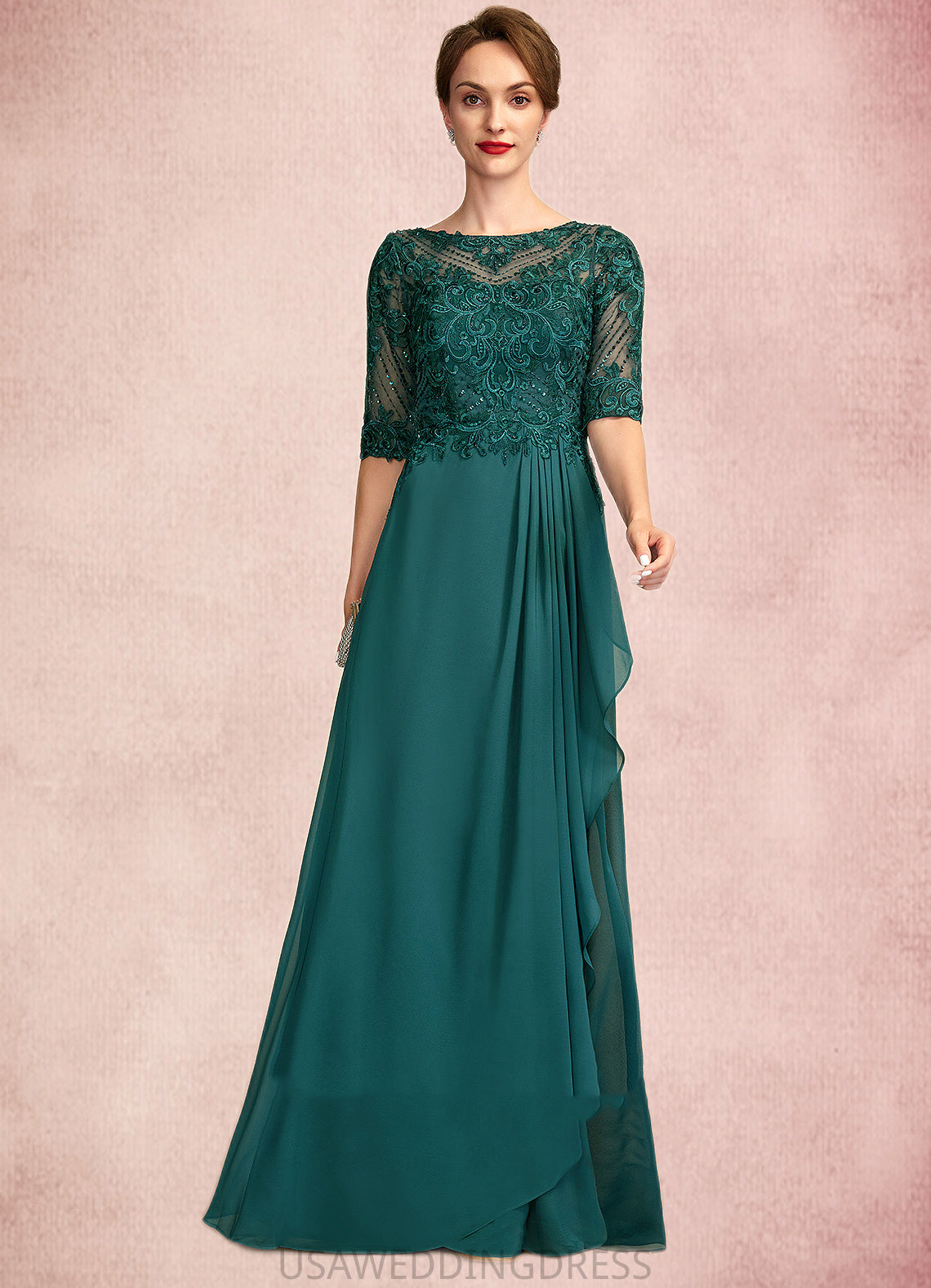 Natalya A-Line Scoop Neck Floor-Length Chiffon Lace Mother of the Bride Dress With Beading Sequins Cascading Ruffles DS126P0015027