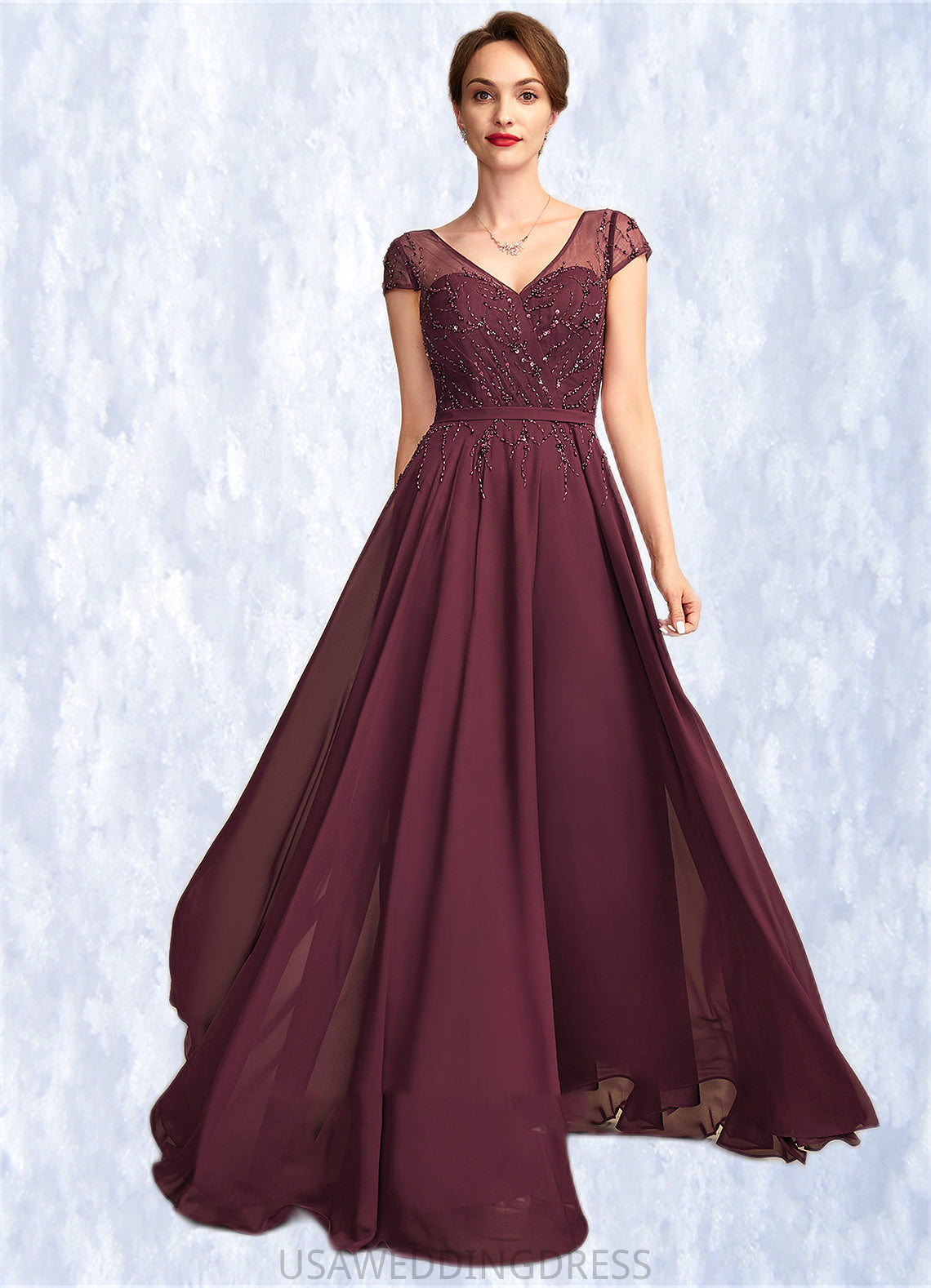 Imani A-Line V-neck Floor-Length Chiffon Mother of the Bride Dress With Beading Sequins DS126P0015028