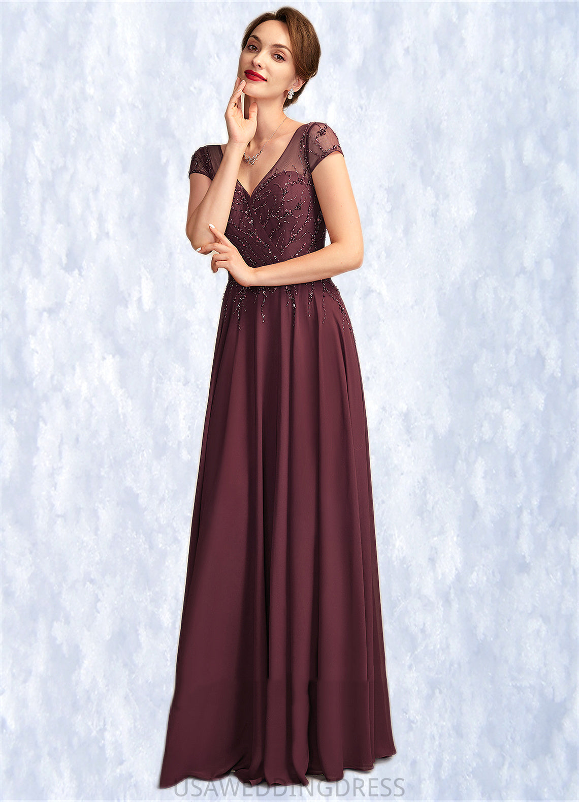 Imani A-Line V-neck Floor-Length Chiffon Mother of the Bride Dress With Beading Sequins DS126P0015028