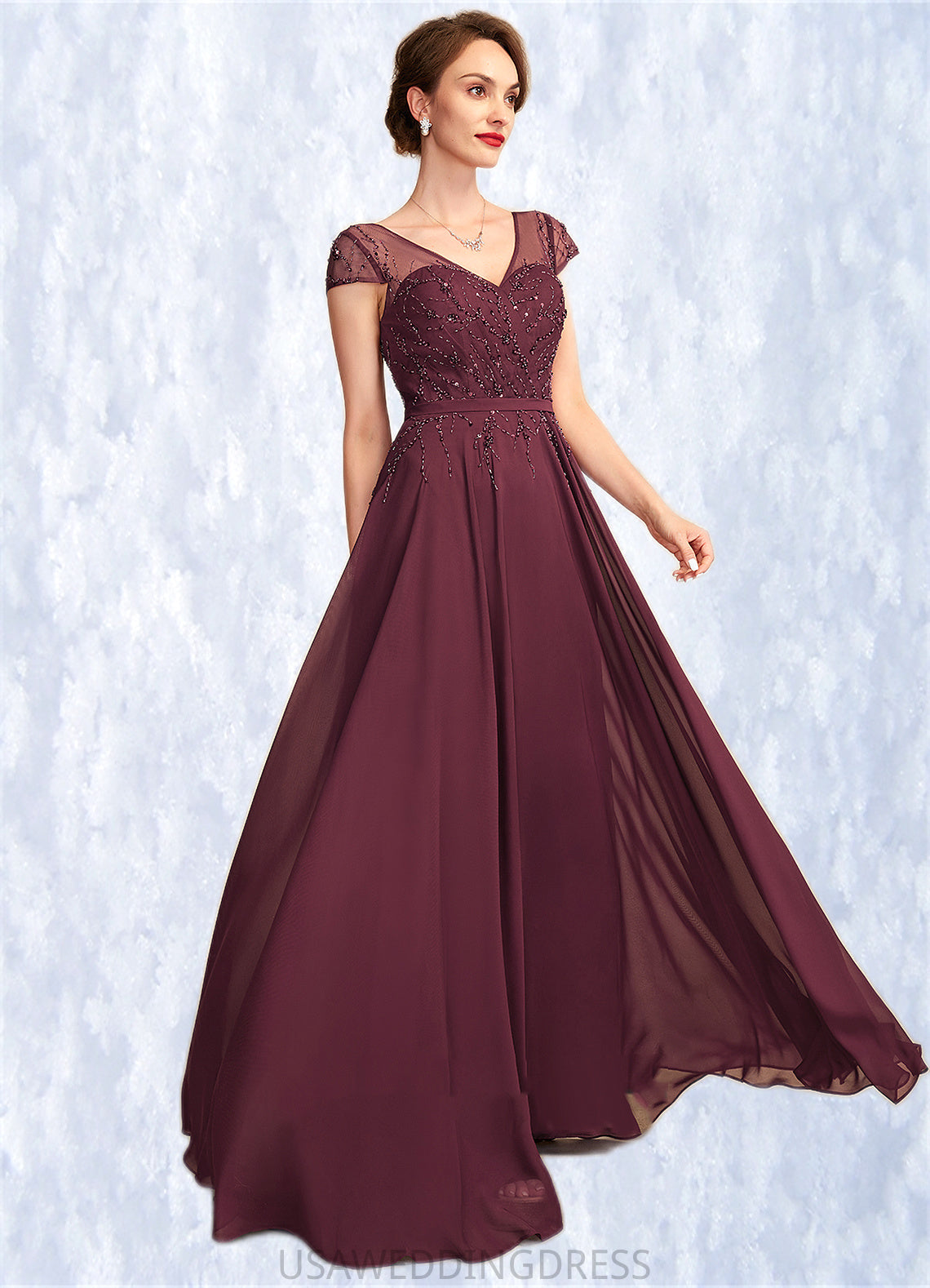 Imani A-Line V-neck Floor-Length Chiffon Mother of the Bride Dress With Beading Sequins DS126P0015028