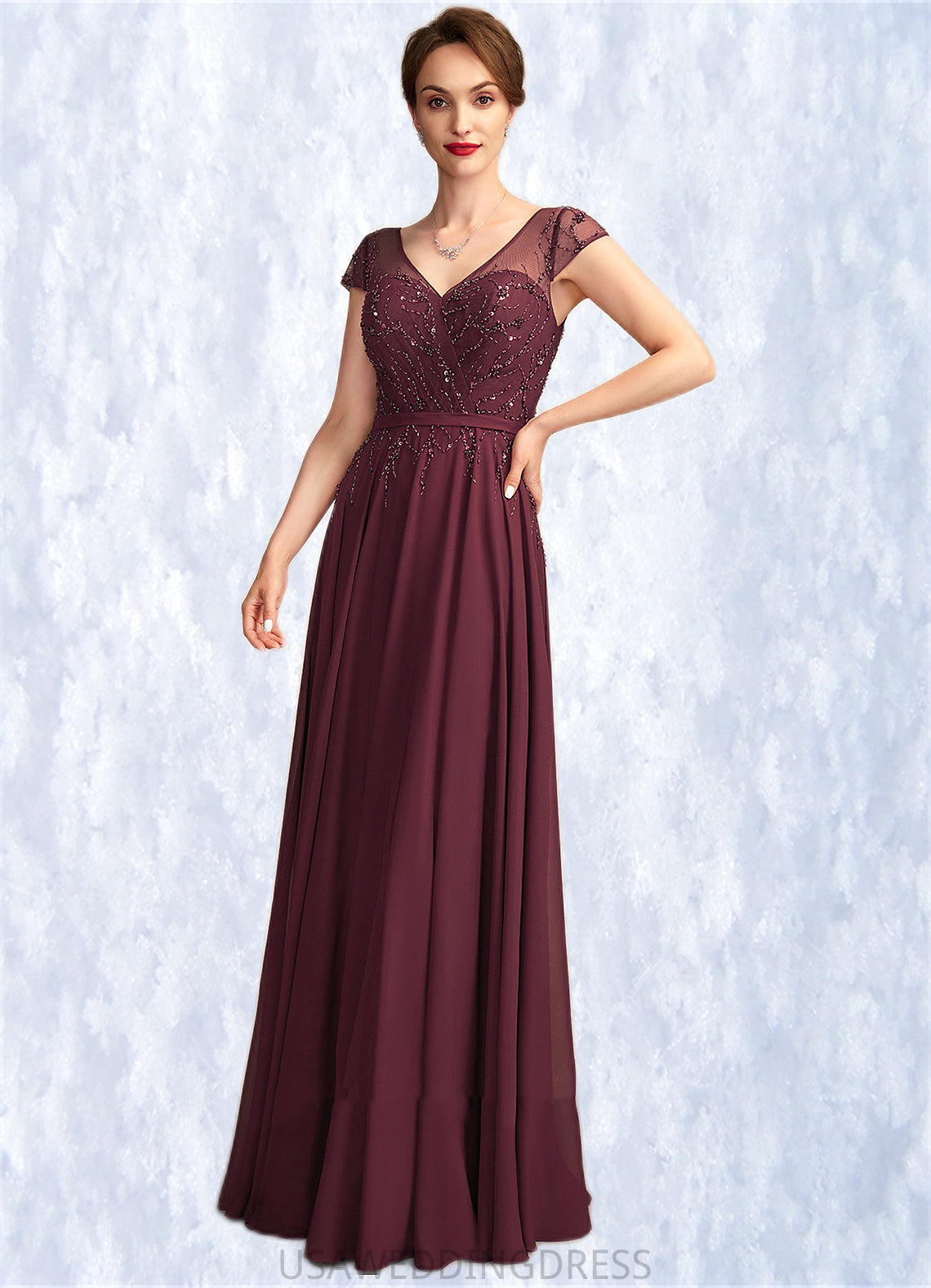 Imani A-Line V-neck Floor-Length Chiffon Mother of the Bride Dress With Beading Sequins DS126P0015028