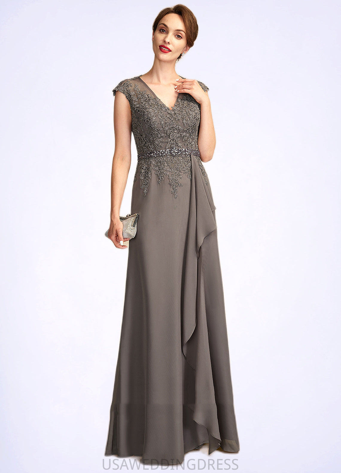 Janiyah A-Line V-neck Floor-Length Chiffon Lace Mother of the Bride Dress With Beading Sequins Cascading Ruffles DS126P0015030