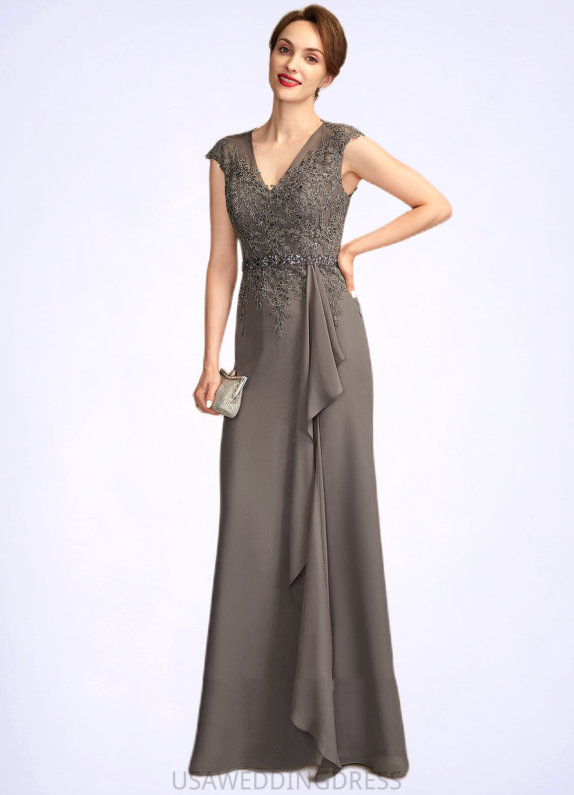 Janiyah A-Line V-neck Floor-Length Chiffon Lace Mother of the Bride Dress With Beading Sequins Cascading Ruffles DS126P0015030