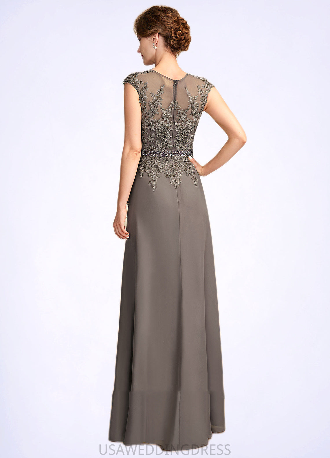 Janiyah A-Line V-neck Floor-Length Chiffon Lace Mother of the Bride Dress With Beading Sequins Cascading Ruffles DS126P0015030