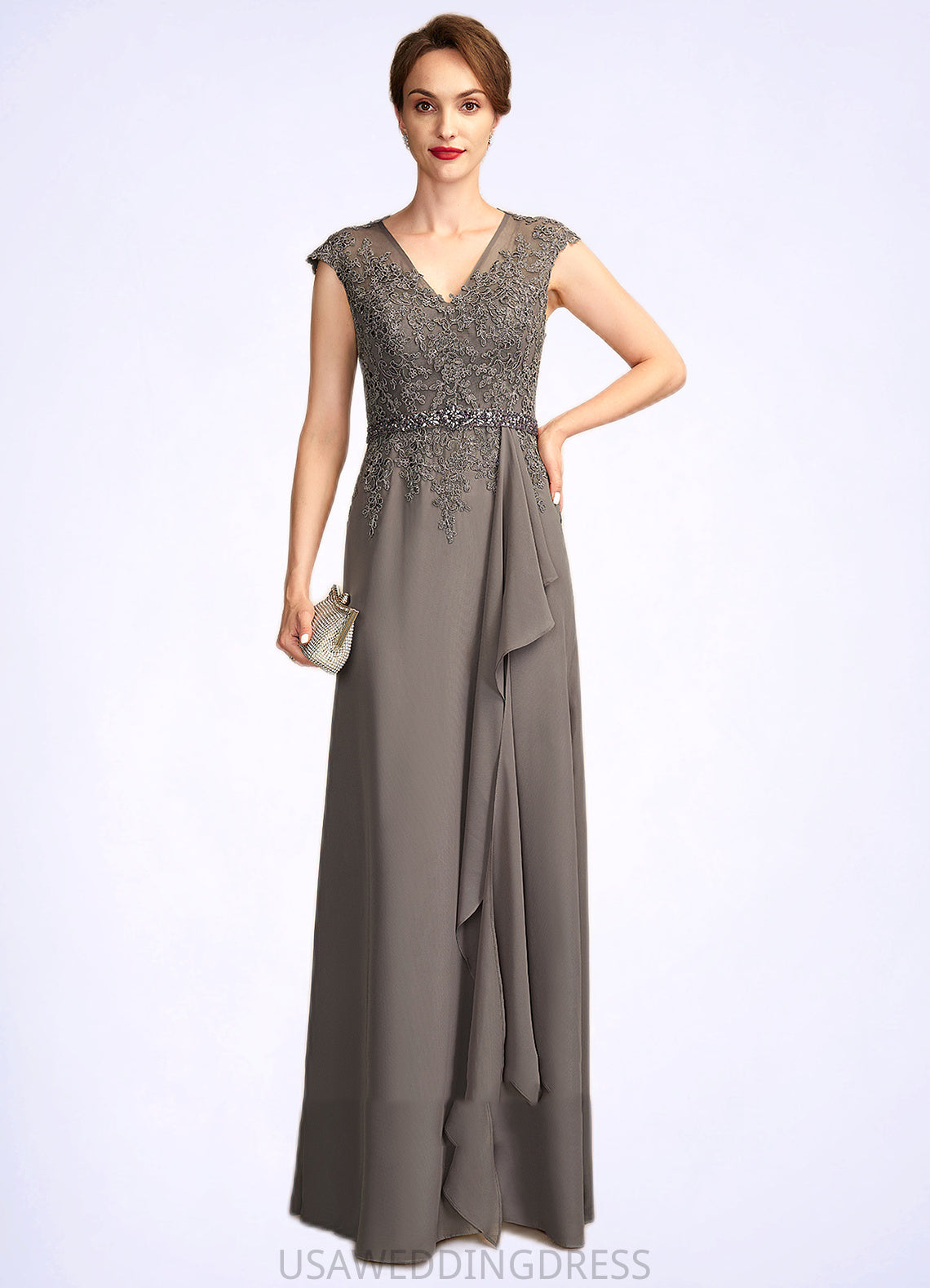 Janiyah A-Line V-neck Floor-Length Chiffon Lace Mother of the Bride Dress With Beading Sequins Cascading Ruffles DS126P0015030