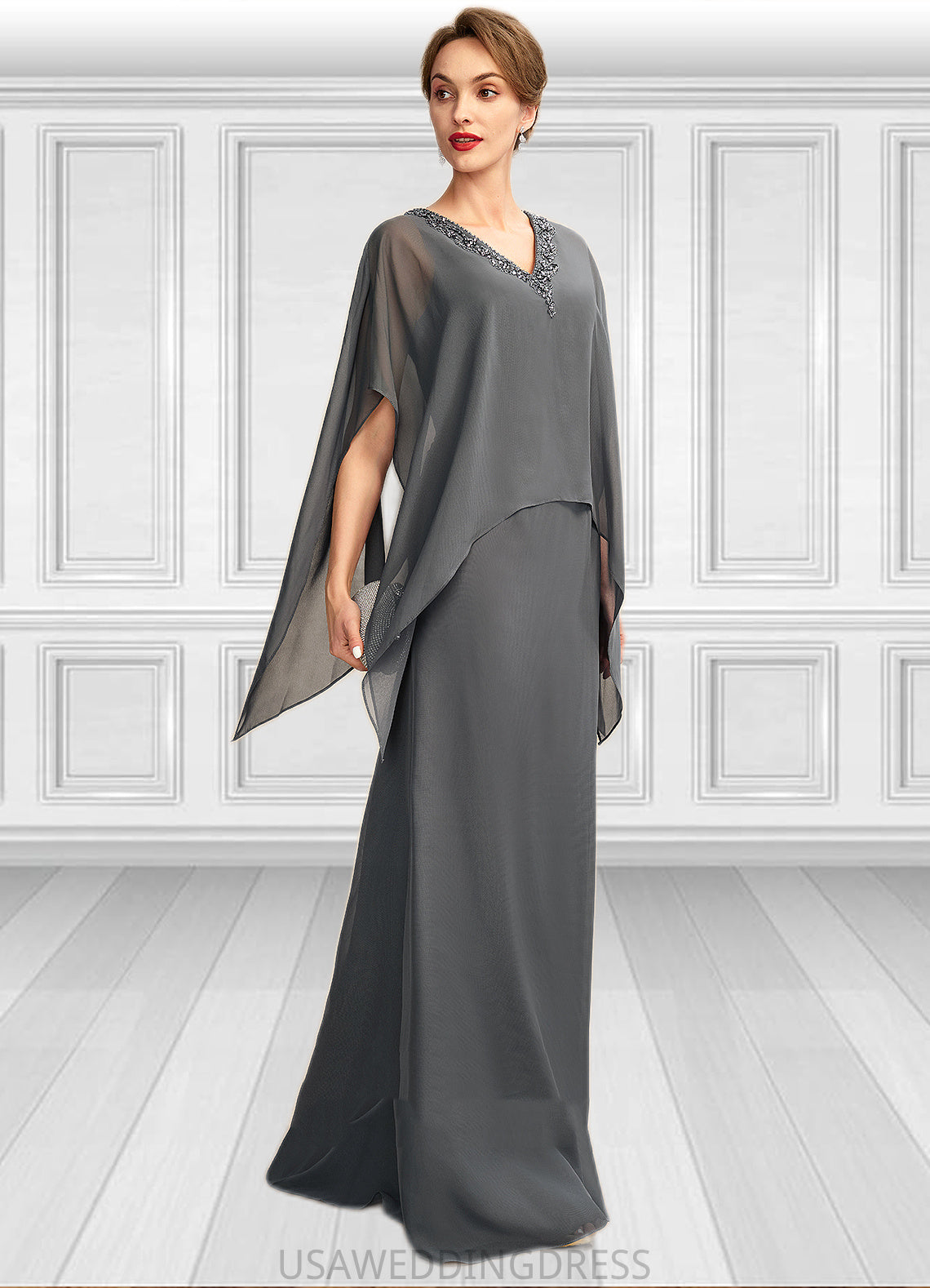 Giada A-line V-Neck Floor-Length Chiffon Mother of the Bride Dress With Beading Sequins DS126P0015031