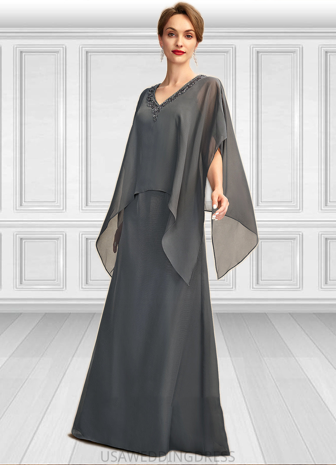 Giada A-line V-Neck Floor-Length Chiffon Mother of the Bride Dress With Beading Sequins DS126P0015031