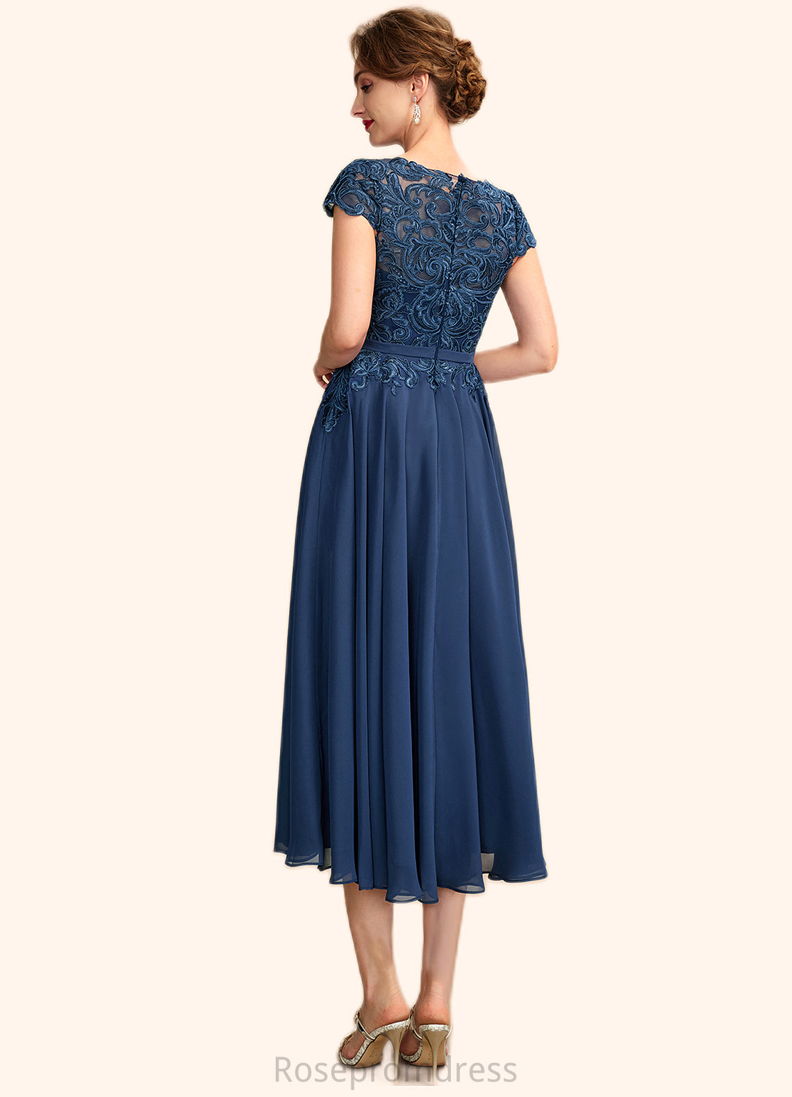 Hannah A-Line Scoop Neck Tea-Length Chiffon Lace Mother of the Bride Dress SRS126P0015032