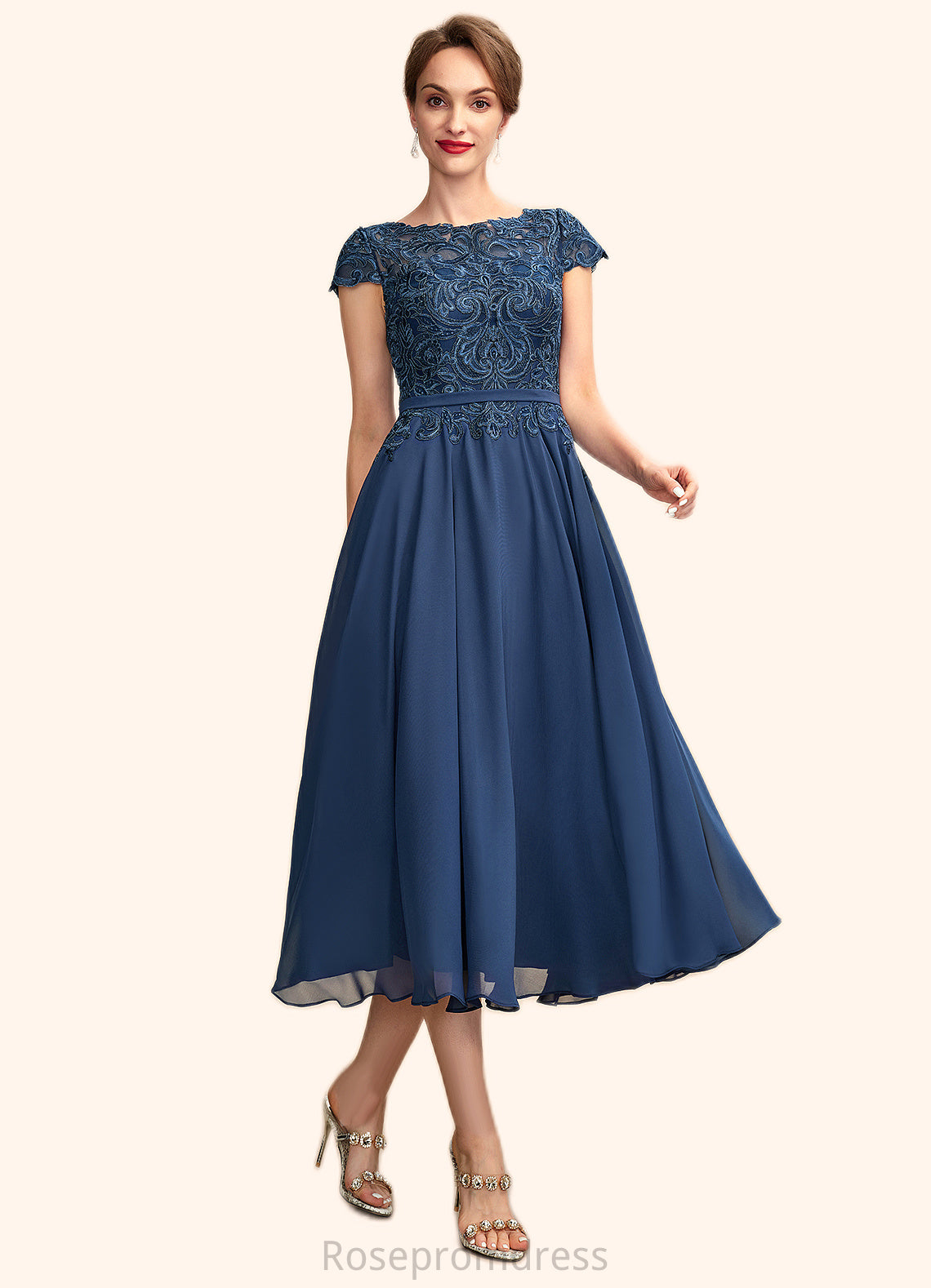 Hannah A-Line Scoop Neck Tea-Length Chiffon Lace Mother of the Bride Dress SRS126P0015032
