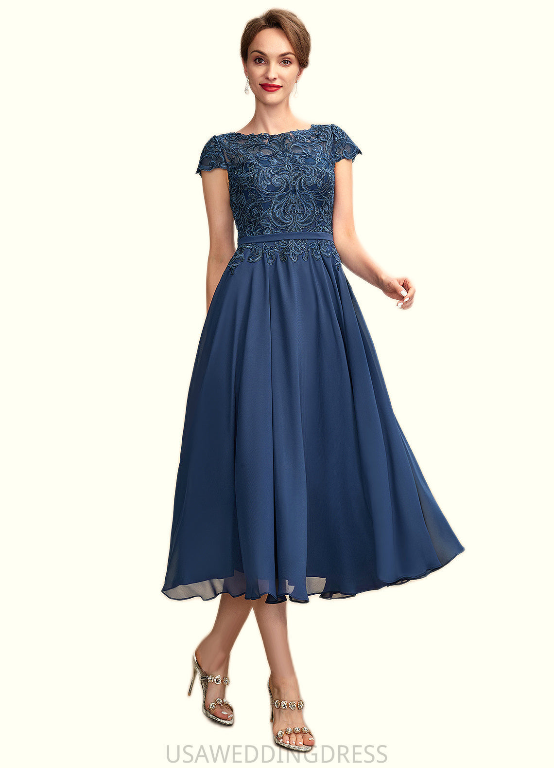 Mackenzie A-Line Scoop Neck Tea-Length Chiffon Lace Mother of the Bride Dress DS126P0015032