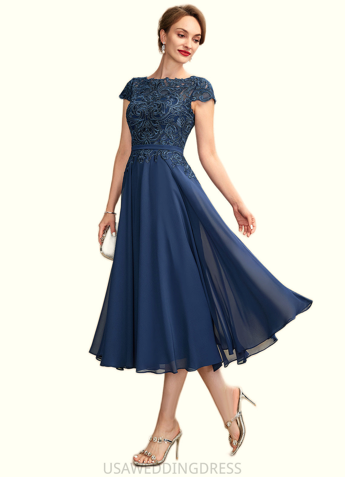 Mackenzie A-Line Scoop Neck Tea-Length Chiffon Lace Mother of the Bride Dress DS126P0015032