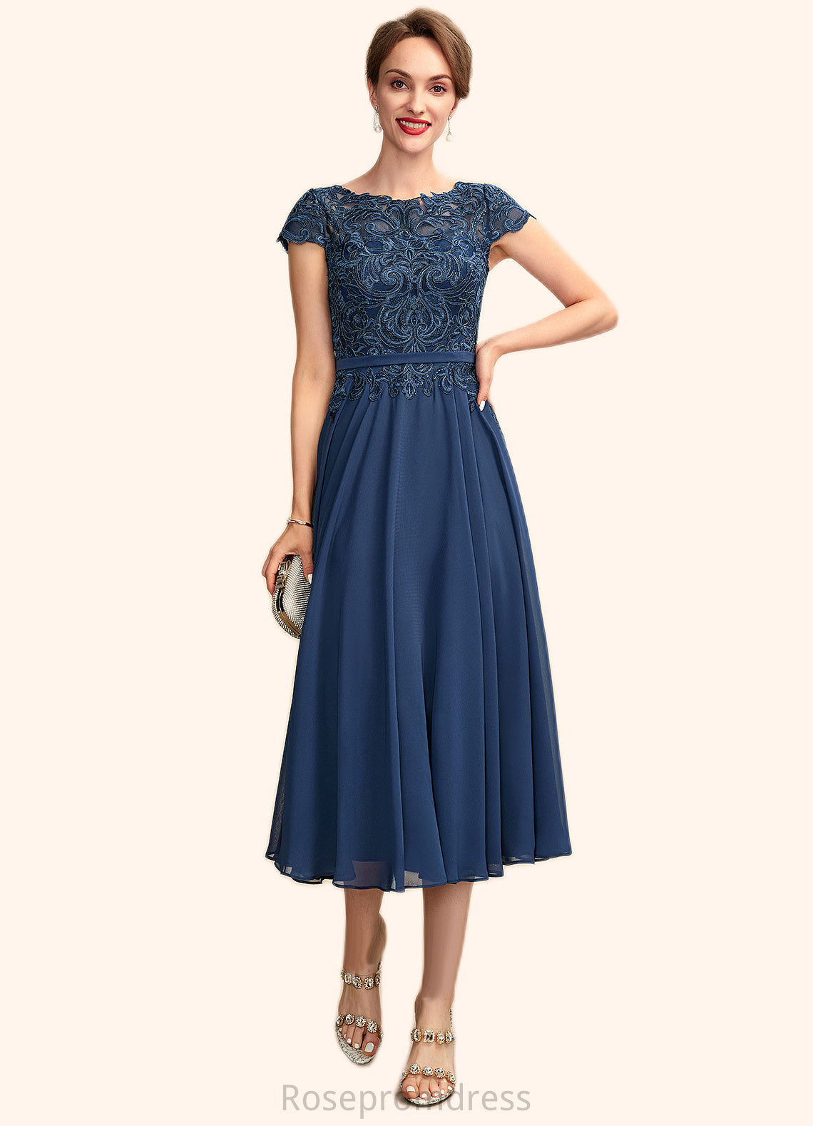 Hannah A-Line Scoop Neck Tea-Length Chiffon Lace Mother of the Bride Dress SRS126P0015032