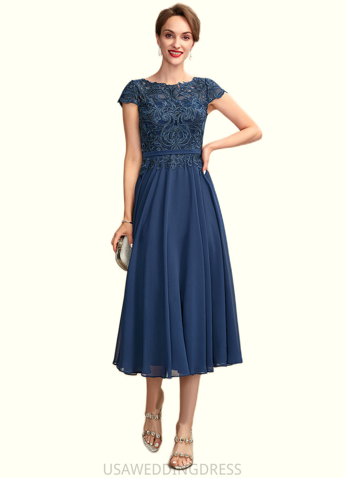 Mackenzie A-Line Scoop Neck Tea-Length Chiffon Lace Mother of the Bride Dress DS126P0015032