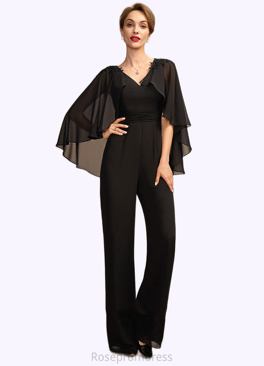 Marlee Jumpsuit/Pantsuit V-neck Floor-Length Chiffon Mother of the Bride Dress With Ruffle Beading Appliques Lace Sequins SRS126P0015033