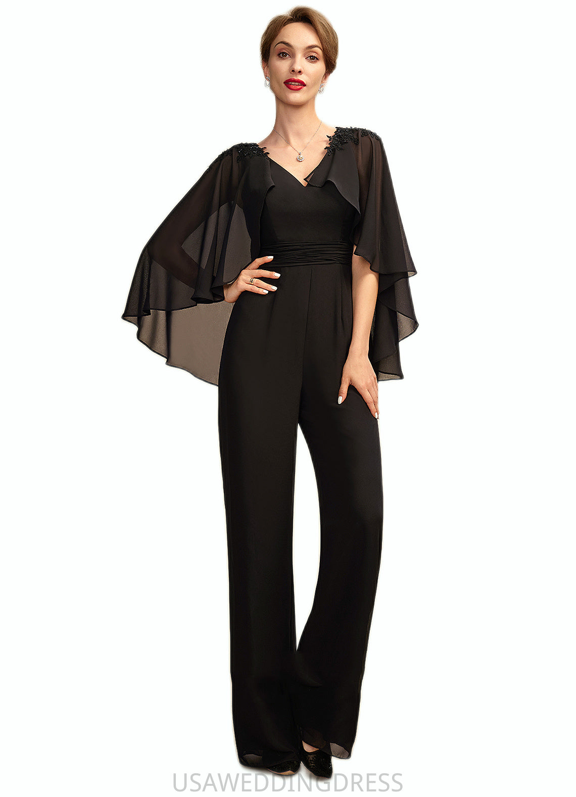 Helena Jumpsuit/Pantsuit V-neck Floor-Length Chiffon Mother of the Bride Dress With Ruffle Beading Appliques Lace Sequins DS126P0015033