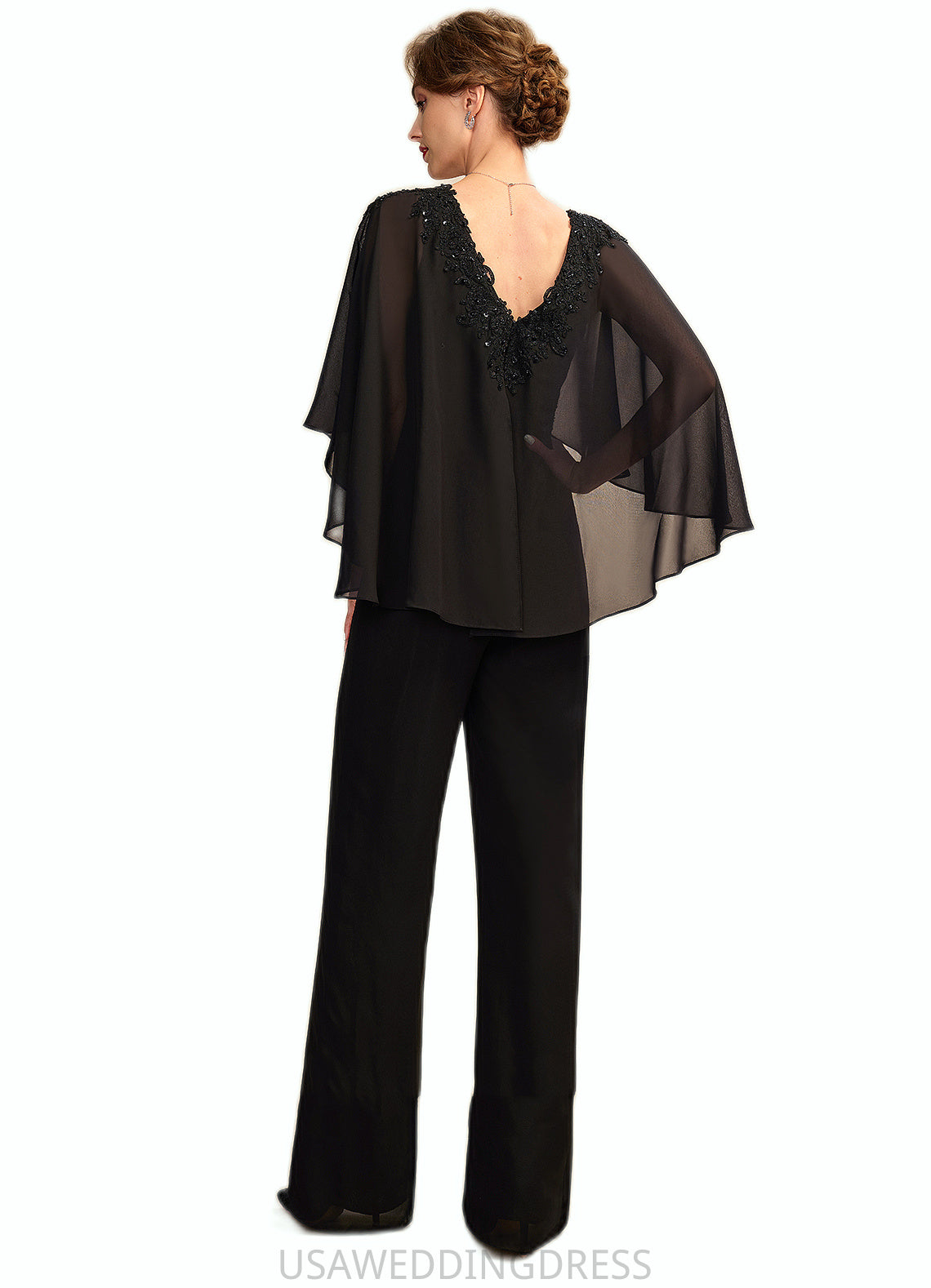 Helena Jumpsuit/Pantsuit V-neck Floor-Length Chiffon Mother of the Bride Dress With Ruffle Beading Appliques Lace Sequins DS126P0015033