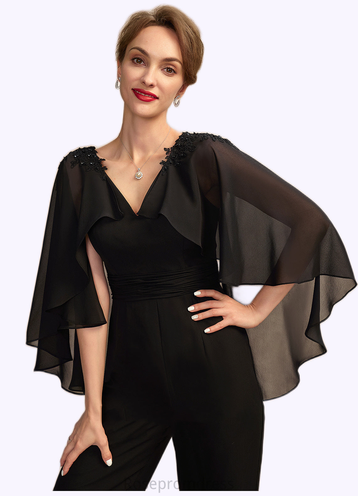 Marlee Jumpsuit/Pantsuit V-neck Floor-Length Chiffon Mother of the Bride Dress With Ruffle Beading Appliques Lace Sequins SRS126P0015033