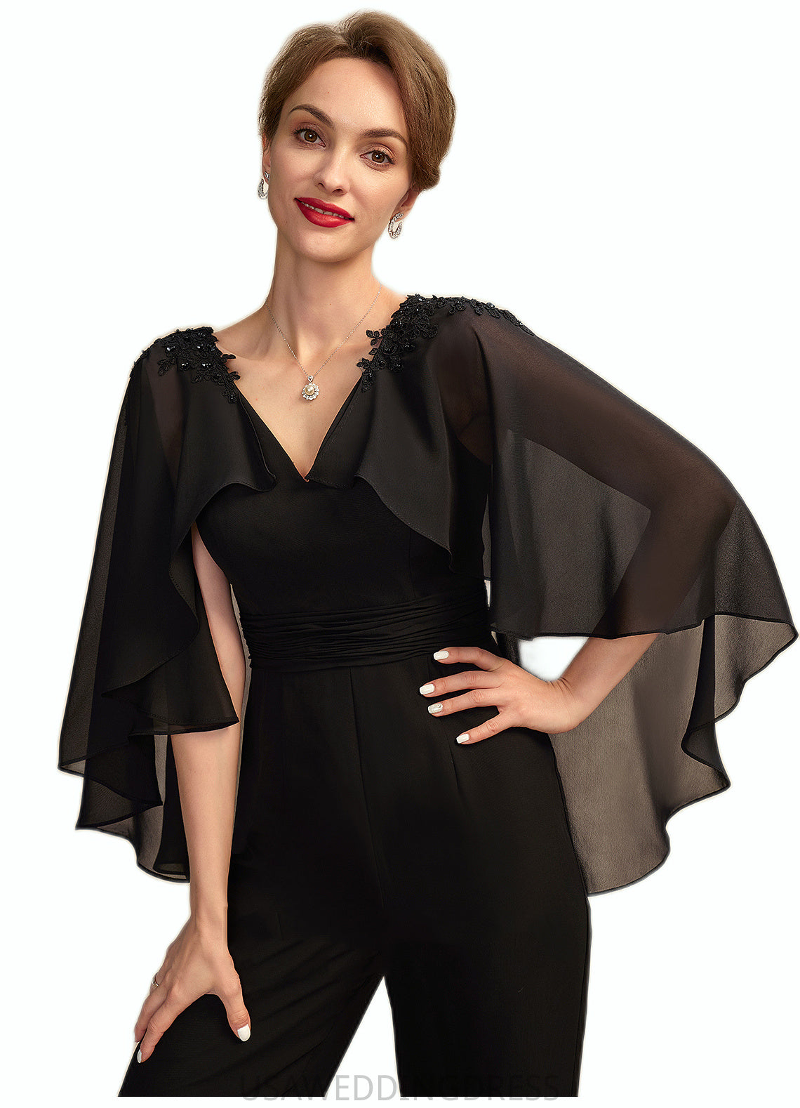 Helena Jumpsuit/Pantsuit V-neck Floor-Length Chiffon Mother of the Bride Dress With Ruffle Beading Appliques Lace Sequins DS126P0015033