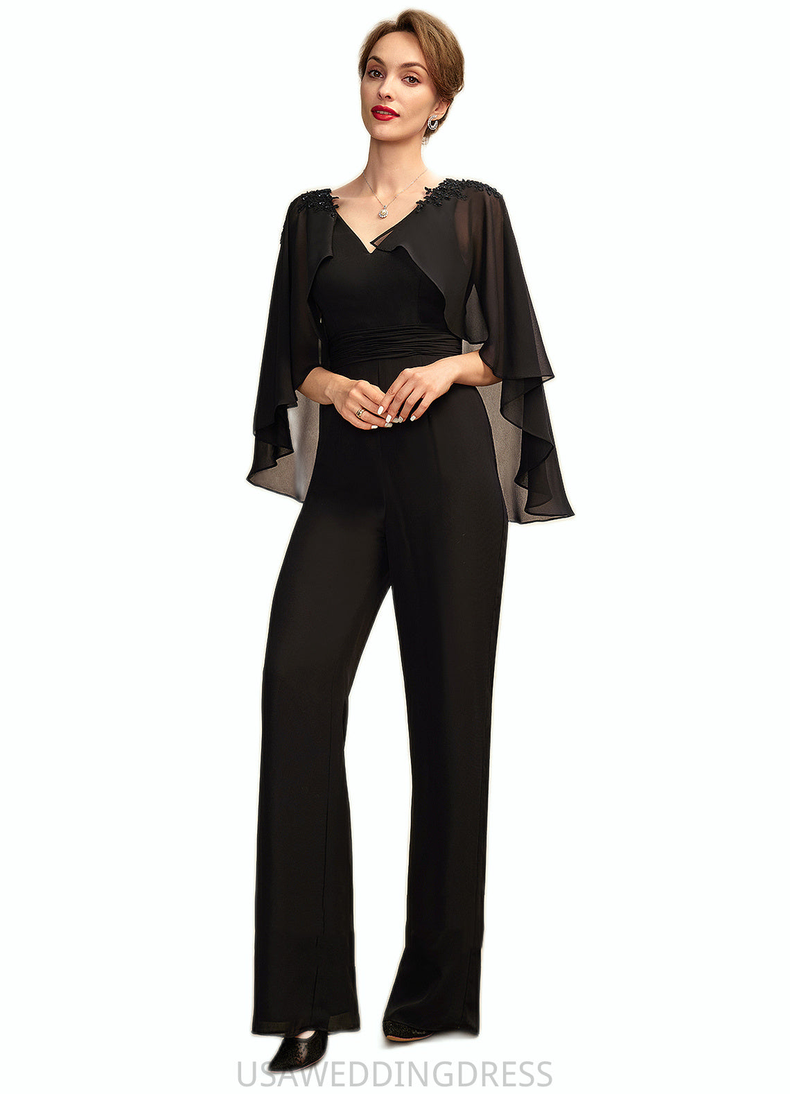 Helena Jumpsuit/Pantsuit V-neck Floor-Length Chiffon Mother of the Bride Dress With Ruffle Beading Appliques Lace Sequins DS126P0015033