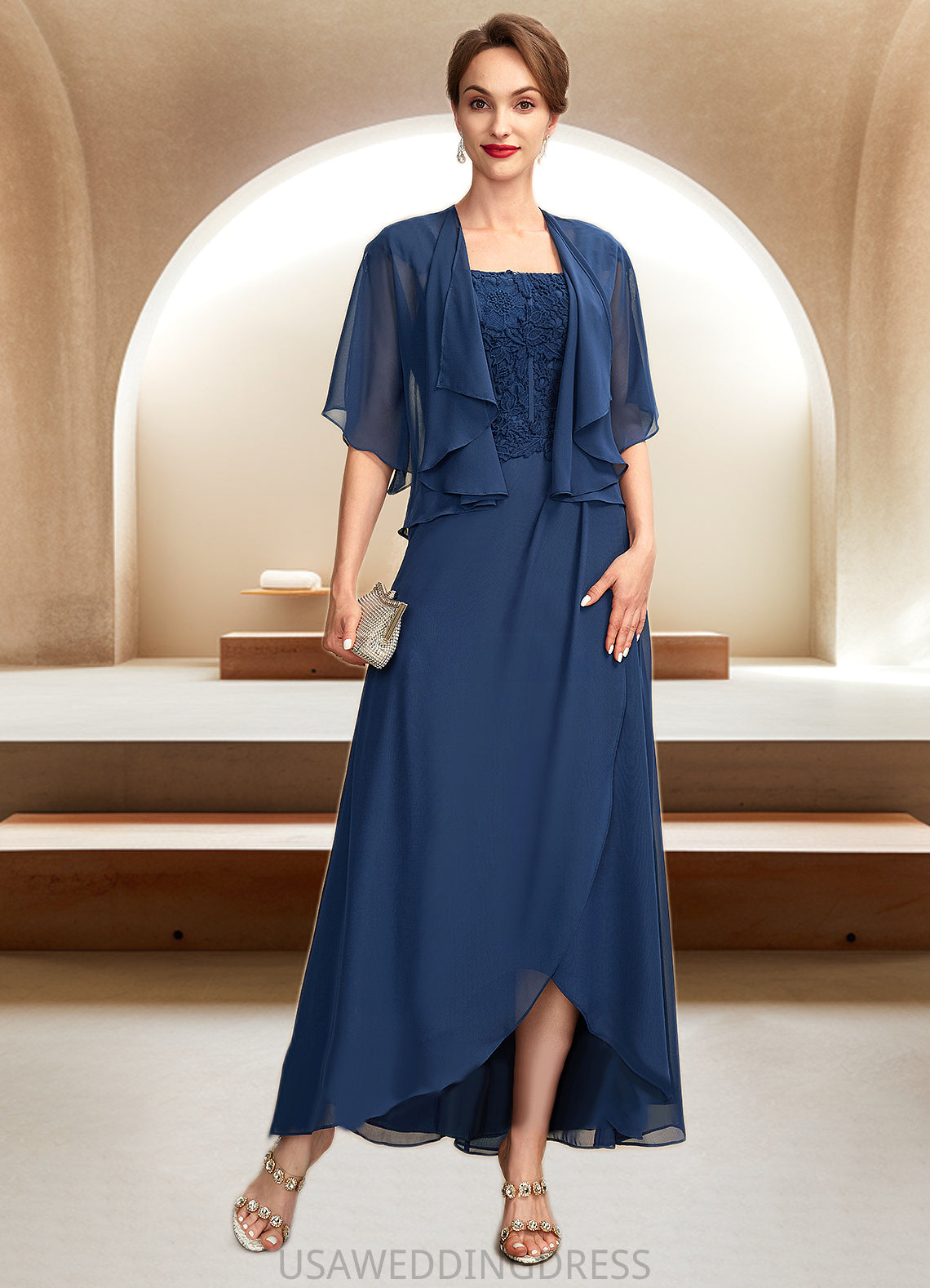Glenda A-Line Square Neckline Asymmetrical Chiffon Lace Mother of the Bride Dress DS126P0015034
