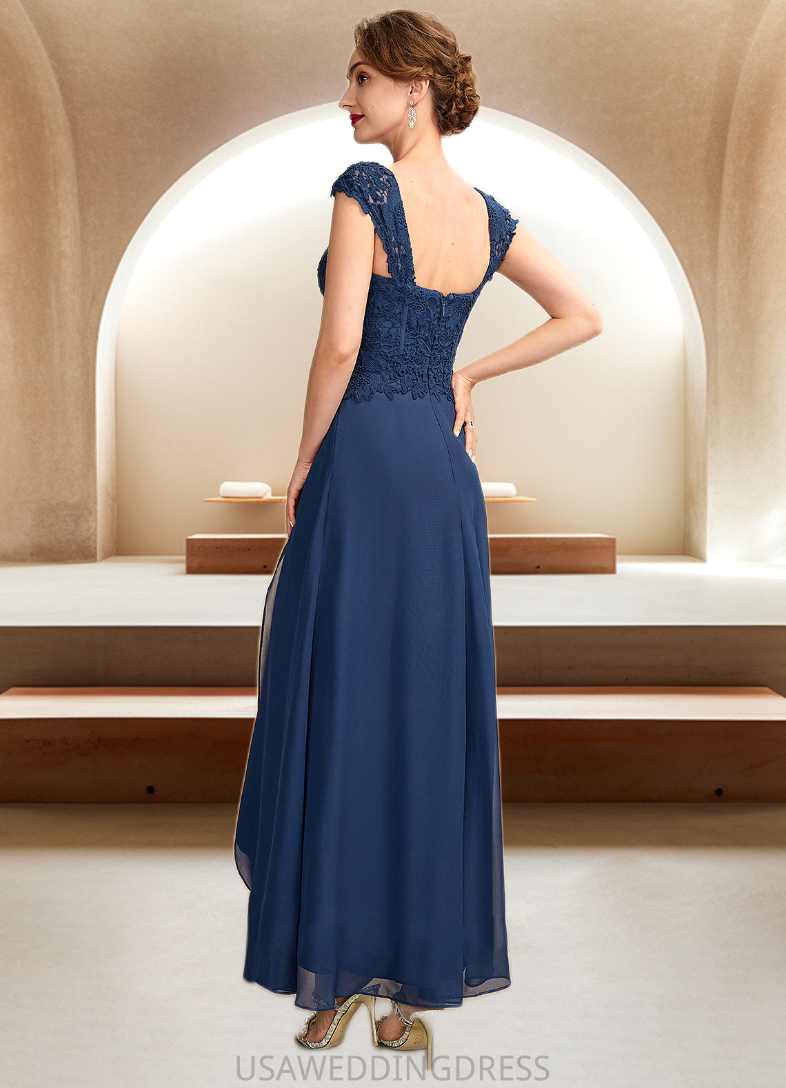 Glenda A-Line Square Neckline Asymmetrical Chiffon Lace Mother of the Bride Dress DS126P0015034
