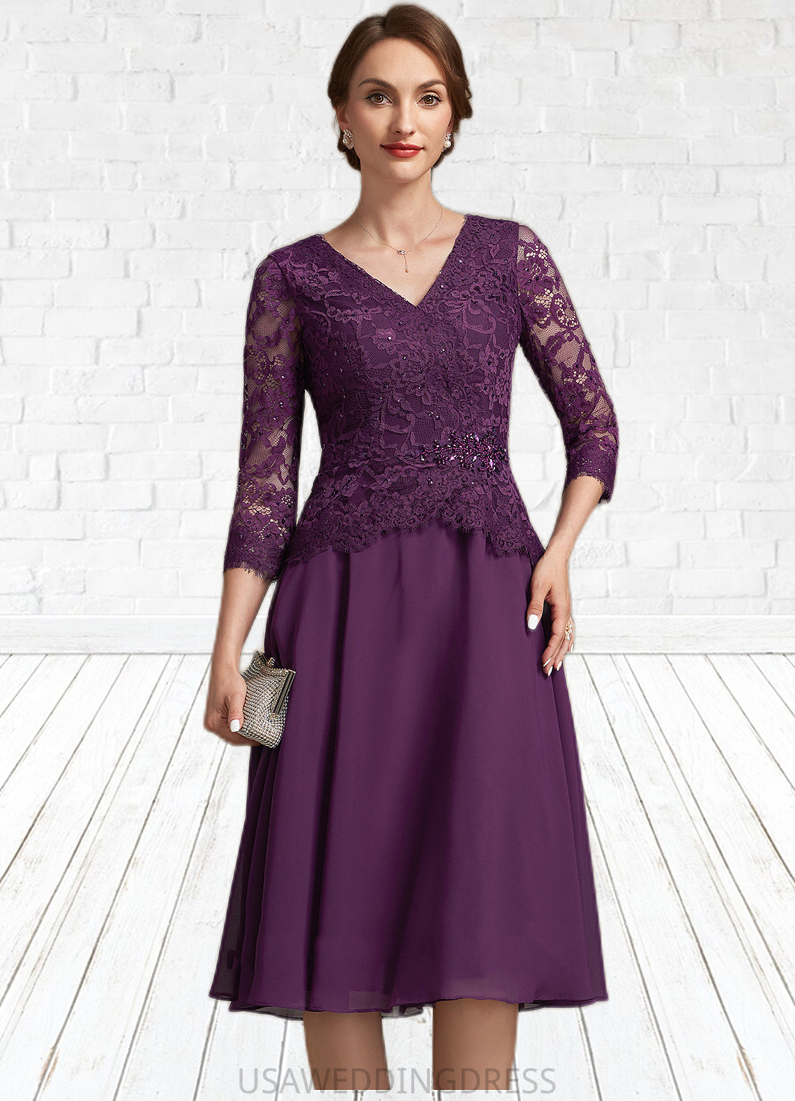 Joyce A-Line V-neck Knee-Length Chiffon Lace Mother of the Bride Dress With Beading Sequins DS126P0015035