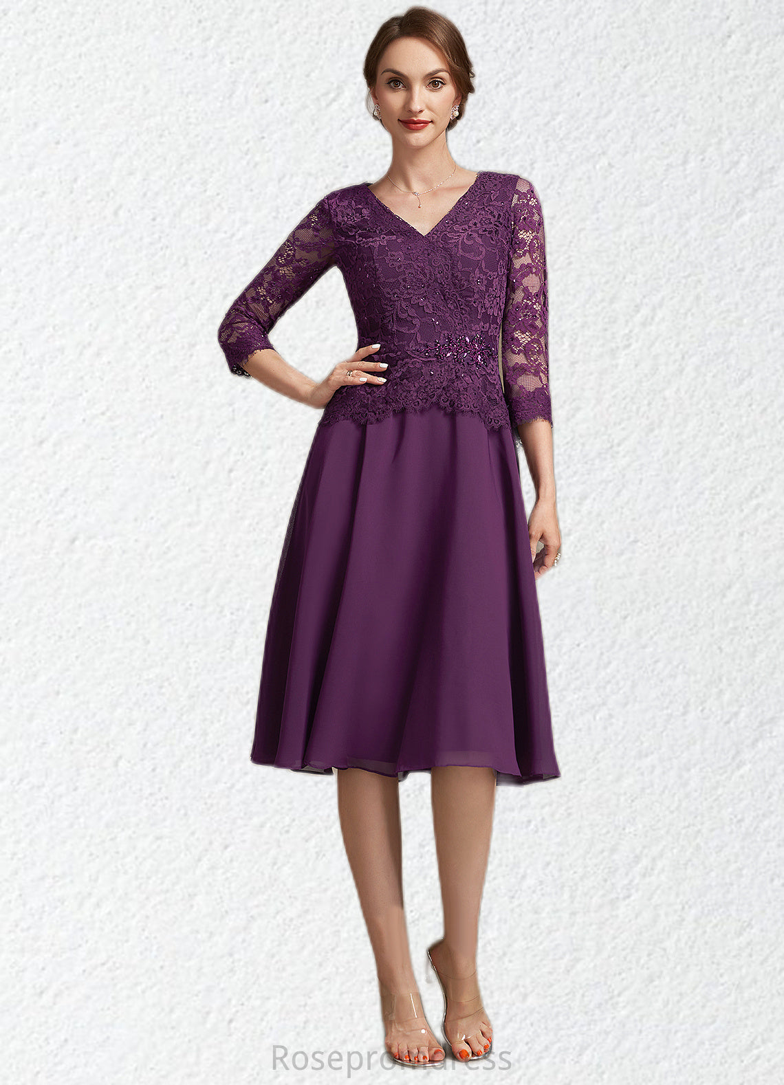 Sophia A-Line V-neck Knee-Length Chiffon Lace Mother of the Bride Dress With Beading Sequins SRS126P0015035