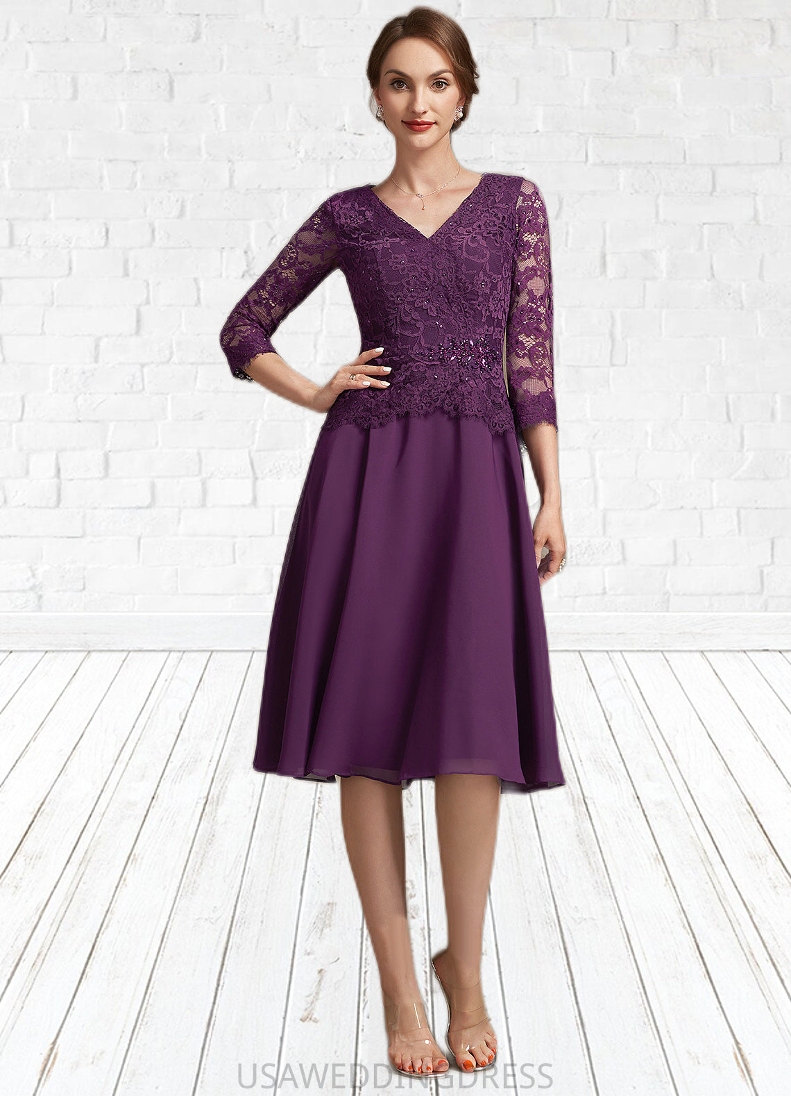 Joyce A-Line V-neck Knee-Length Chiffon Lace Mother of the Bride Dress With Beading Sequins DS126P0015035