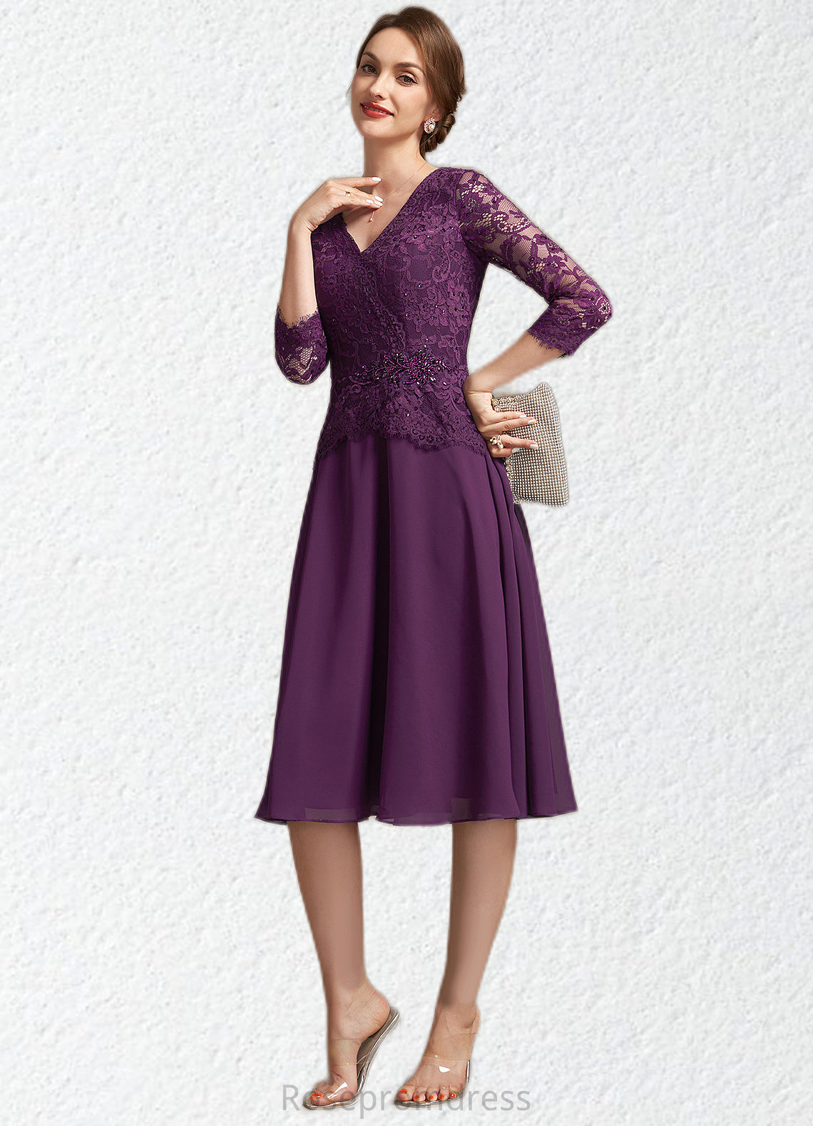 Sophia A-Line V-neck Knee-Length Chiffon Lace Mother of the Bride Dress With Beading Sequins SRS126P0015035