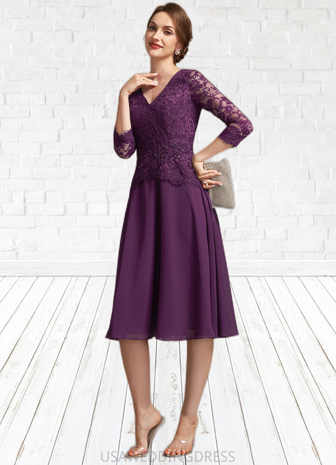 Joyce A-Line V-neck Knee-Length Chiffon Lace Mother of the Bride Dress With Beading Sequins DS126P0015035