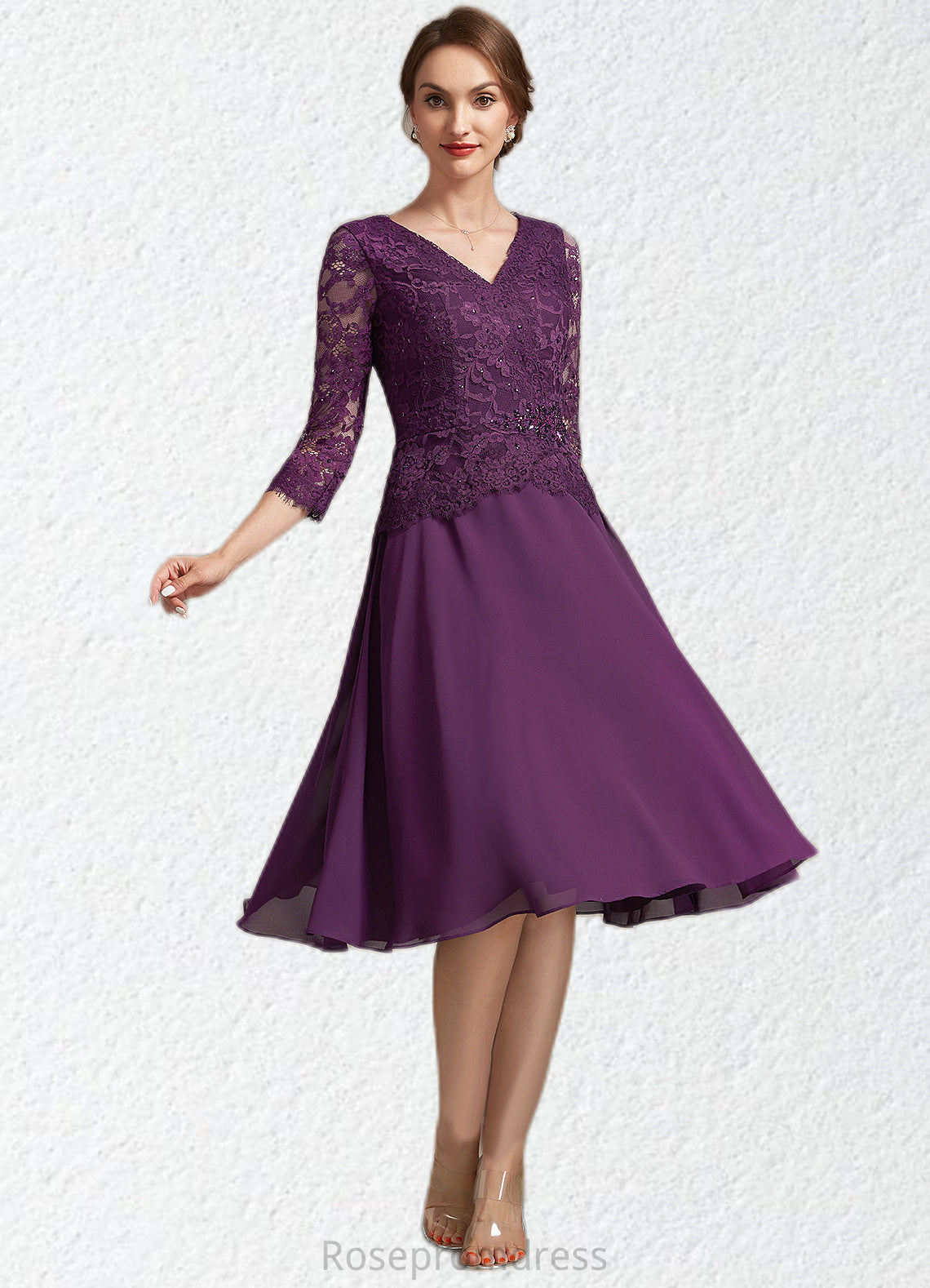 Sophia A-Line V-neck Knee-Length Chiffon Lace Mother of the Bride Dress With Beading Sequins SRS126P0015035