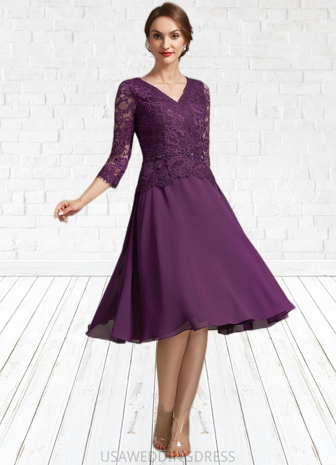 Joyce A-Line V-neck Knee-Length Chiffon Lace Mother of the Bride Dress With Beading Sequins DS126P0015035
