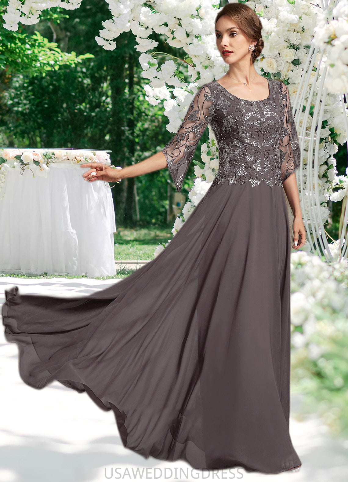 Eliana A-Line Scoop Neck Floor-Length Chiffon Lace Mother of the Bride Dress With Beading Sequins DS126P0015036