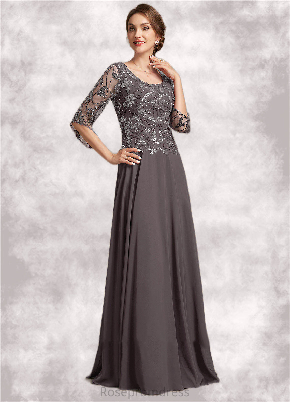 Makayla A-Line Scoop Neck Floor-Length Chiffon Lace Mother of the Bride Dress With Beading Sequins SRS126P0015036