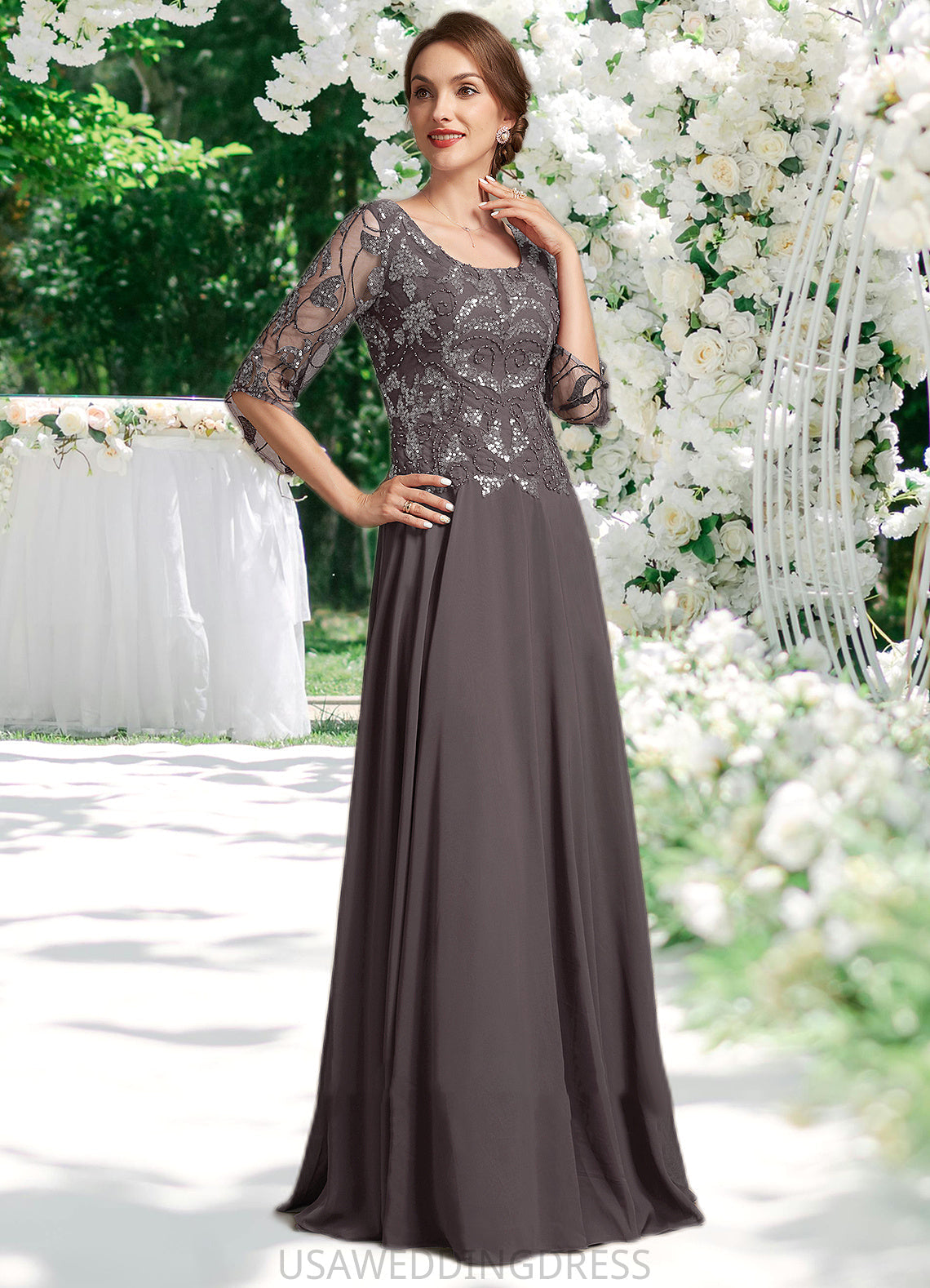 Eliana A-Line Scoop Neck Floor-Length Chiffon Lace Mother of the Bride Dress With Beading Sequins DS126P0015036