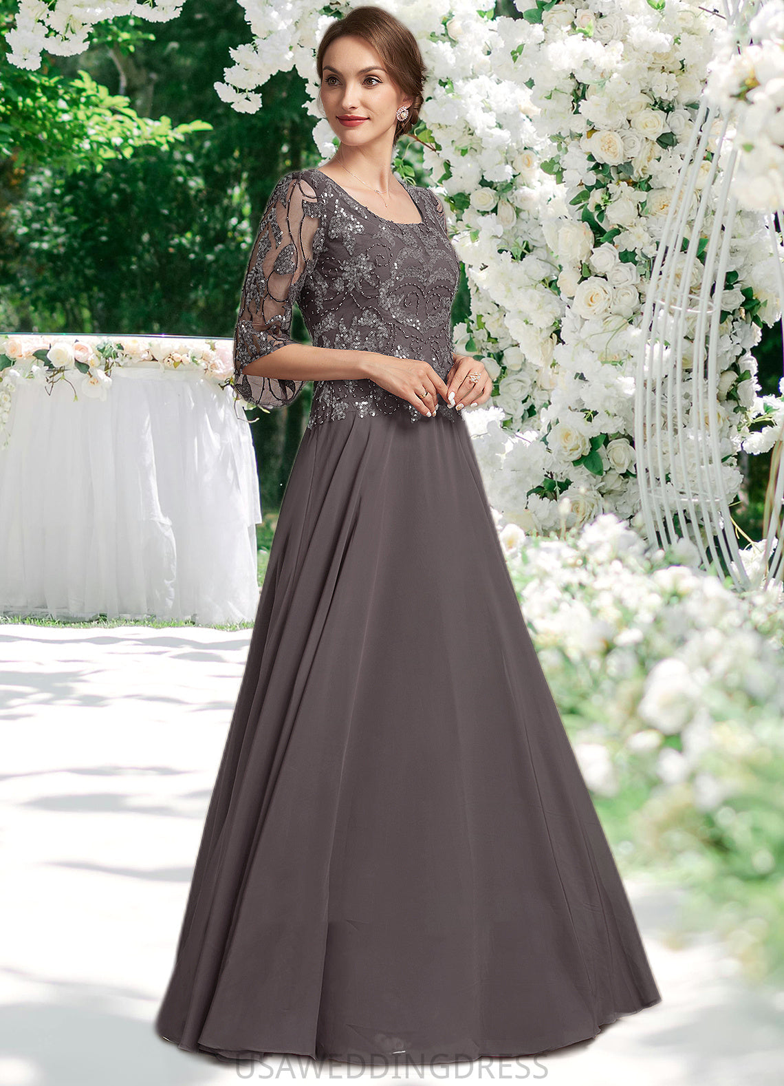 Eliana A-Line Scoop Neck Floor-Length Chiffon Lace Mother of the Bride Dress With Beading Sequins DS126P0015036