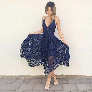 Navy Blue Deep V-neck Spaghetti Straps Sleeveless Asymmetry Lace A-line Bridesmaid Dress RS624