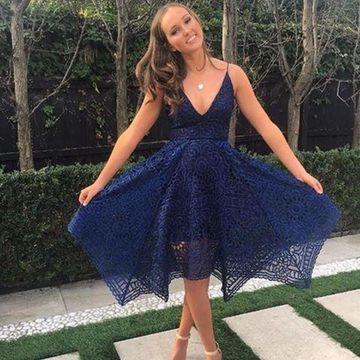 Navy Blue Deep V-neck Spaghetti Straps Sleeveless Asymmetry Lace A-line Bridesmaid Dress RS624