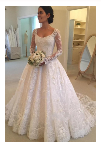 A-Line Lace Appliques V Neck Tulle Long Sleeve Ivory Covered Buttons Wedding Dresses RS327