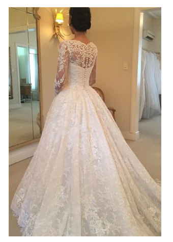 A-Line Lace Appliques V Neck Tulle Long Sleeve Ivory Covered Buttons Wedding Dresses RS327